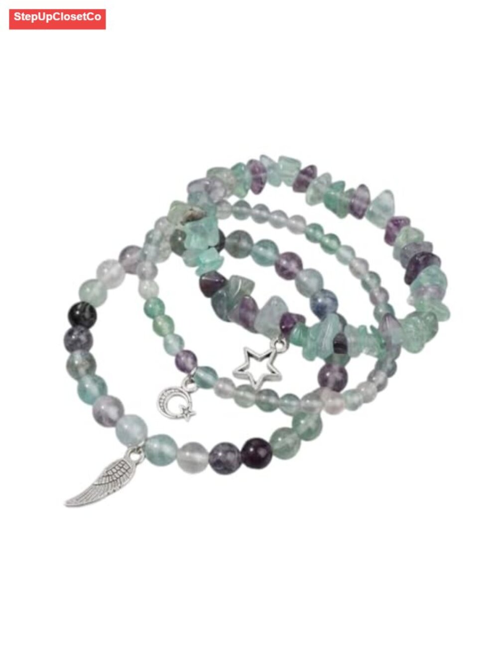 3-Piece Crystal & Chip Stone Stretch Bracelets Set, Star Moon Wing Charms, Boho